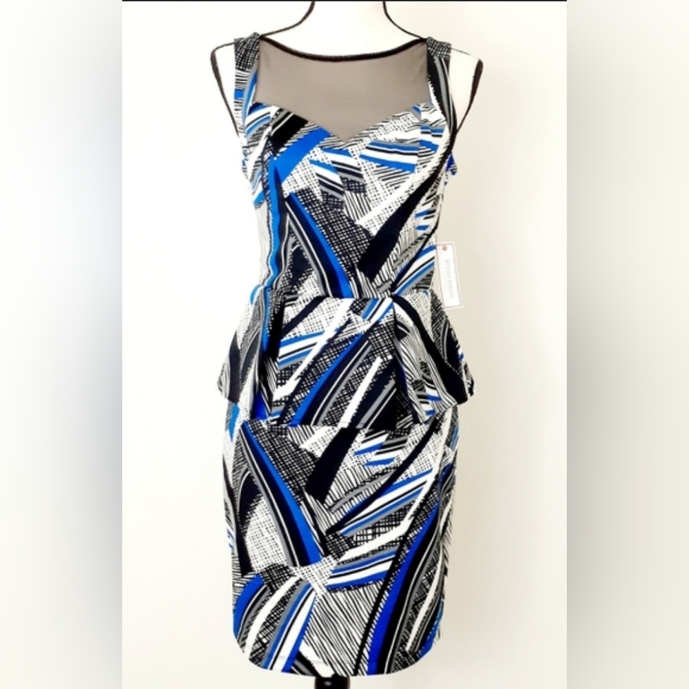 Bisou Bisou Multicolor Abstract Print Sleeveless Peplum Sheath Dress Sz: 16 EUC